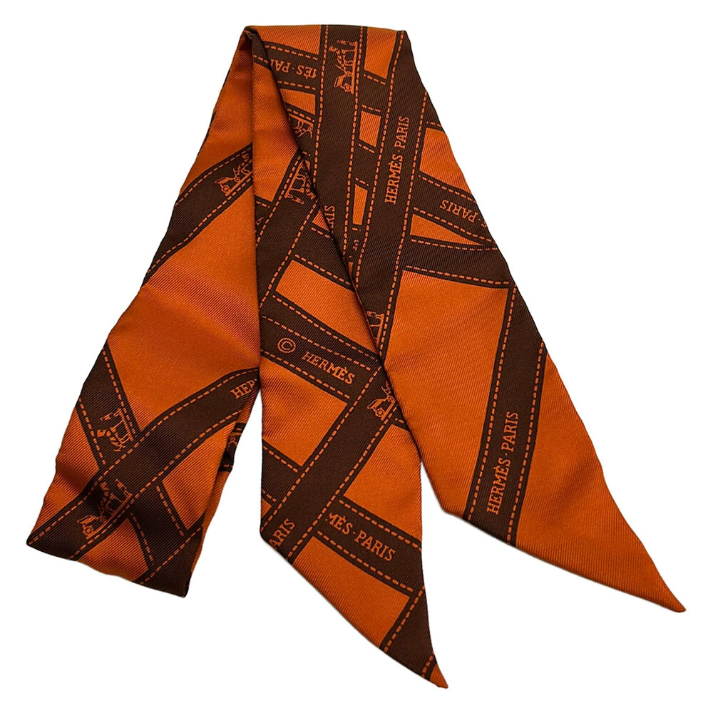 Hermes Twilly Orange Dark Brown Scarf #360628H55B
